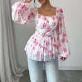 Export  cross-border women's clothing fresh and sweet fall and winter square neck puff sleeve popular floral long-sleeved tops
