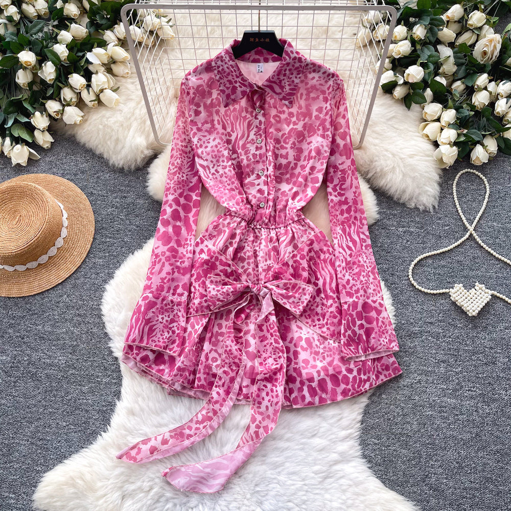 Korean style purple leopard print slim-fit dress - women's summer long sleeve tie-waist a-line dress - commuter chic