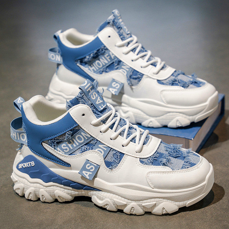 Men's spring outdoor wear-resistant chunky sole high-top sneakers - youth casual versatile high-style trendy dad shoes