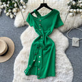 K-stylesexyv neck short-sleeved metal button knittingdress women's summer oblique shoulder slimming look silmelegant hip skirt