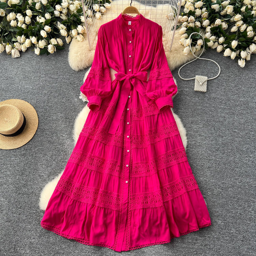 Frenchretrolacepatchwork lantern long sleevesdress women's tie back waist single breasted large swing palace style long skirt