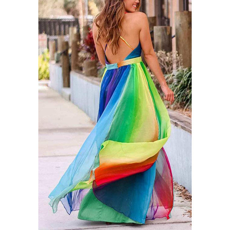 2025 new spring/summer cross-border fashion women's long dress - sexy deep v rainbow mesh suspender dress