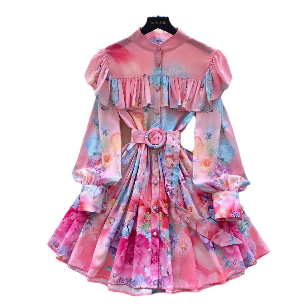 spring export fashion elegancerufflestie back waist printinglong sleeves a-line dress palace style skirt