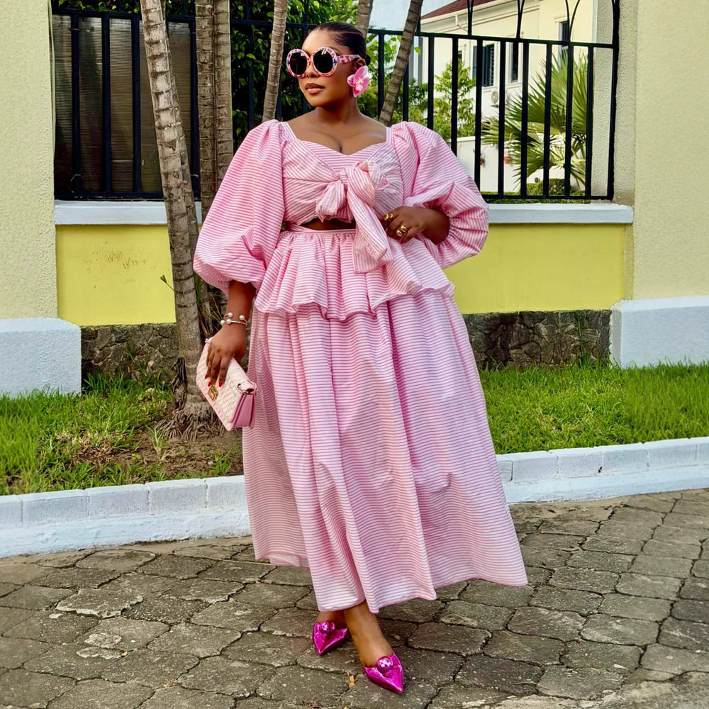 European and american cross-border women's clothing  summer new sweet and cute striped puff sleeve top and high-waisted midi skirt set