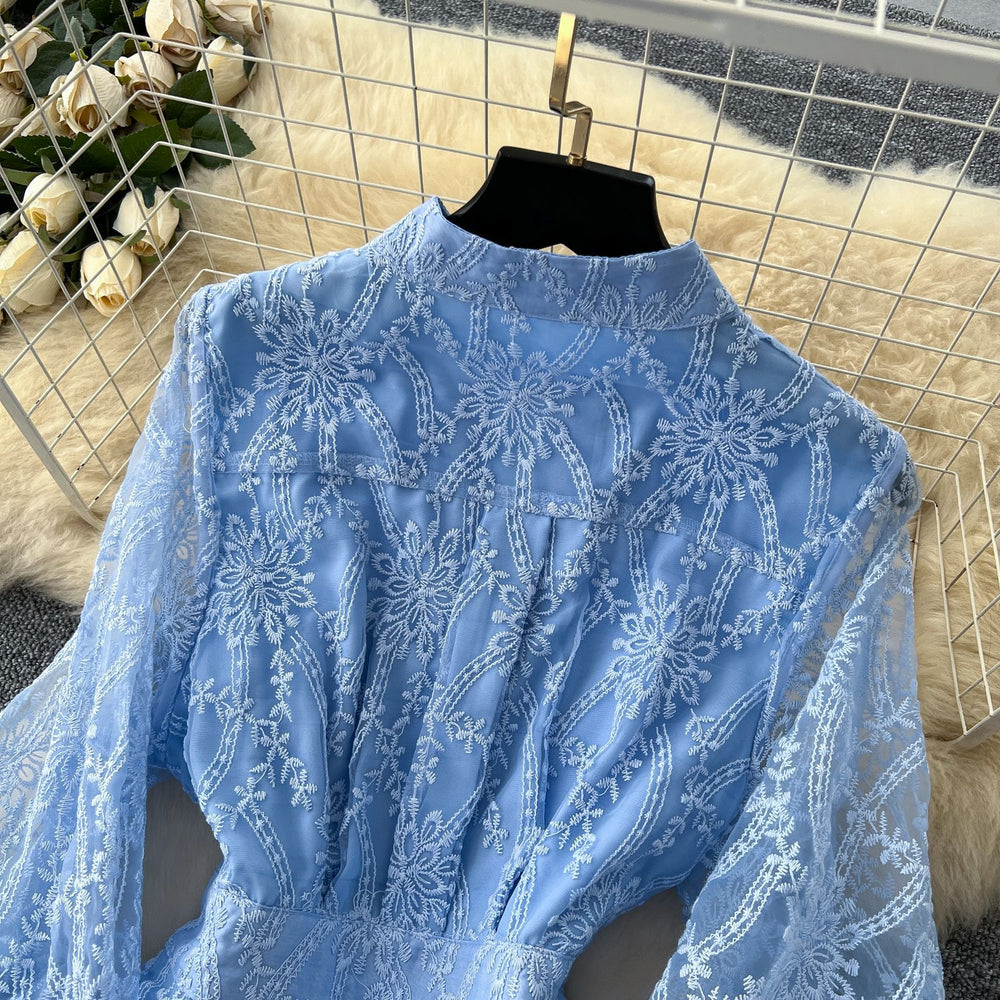 French retroelegancedress women's 2025new arrivalclassy stand collar single breasted waist embroider mesh long skirt