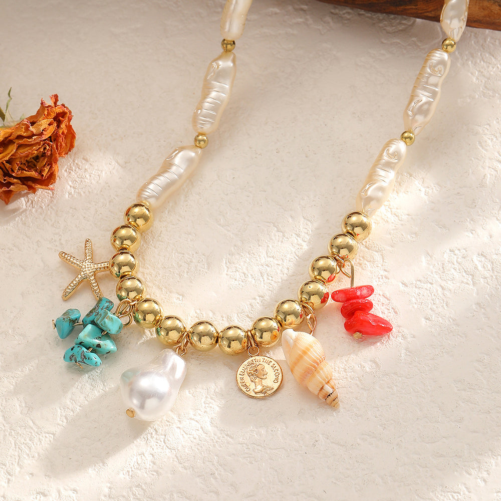 bohemian style colorful gravel starfish necklace niche styleasymmetrical imitation pearl string clavicle chain accessories