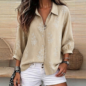 Vintage casual plus size faux embroidered shirt - white floral appliqué, turn-down collar, puff sleeves, loose fit, slimming blouse