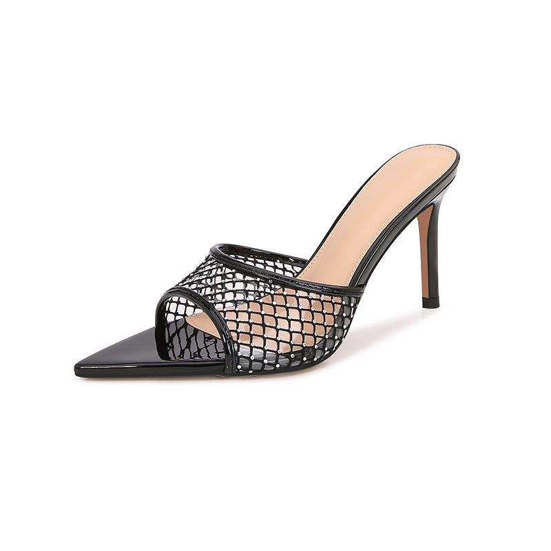 Women's high-end fashion black mesh rhinestone high heel slippers - stiletto, pointed toe, open toe, comfortable for all-day wear
