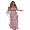European and american cross-border women's fashion  summer new arrival: casual chic printed long-sleeve shirt and high-waisted midi skirt set