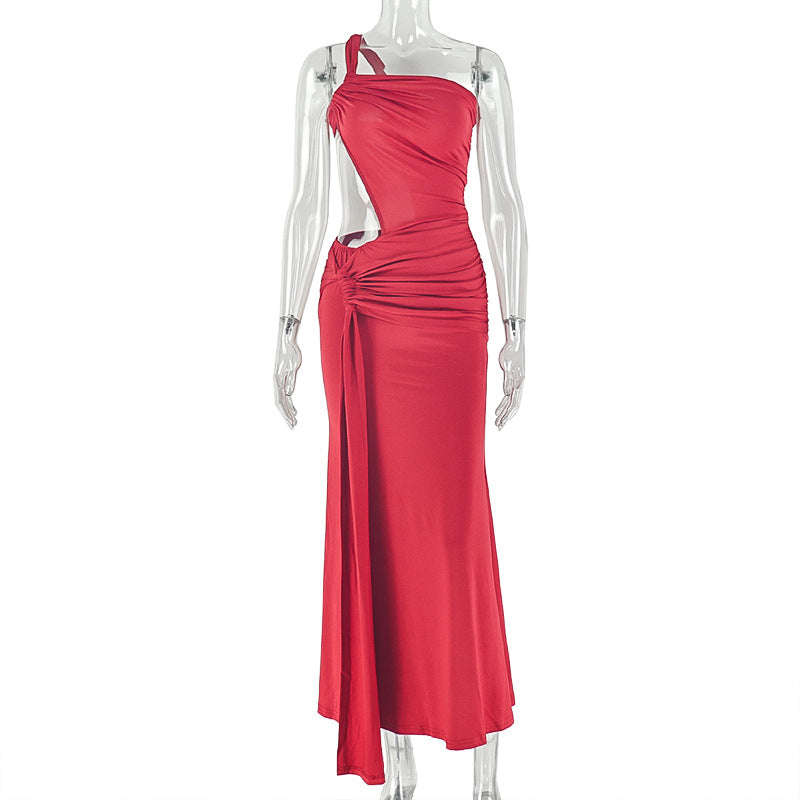 Fashion style export women's clothing silm asymmetrical pleated hip skirt one shoulder oblique collar tube toppure color long dress trendy