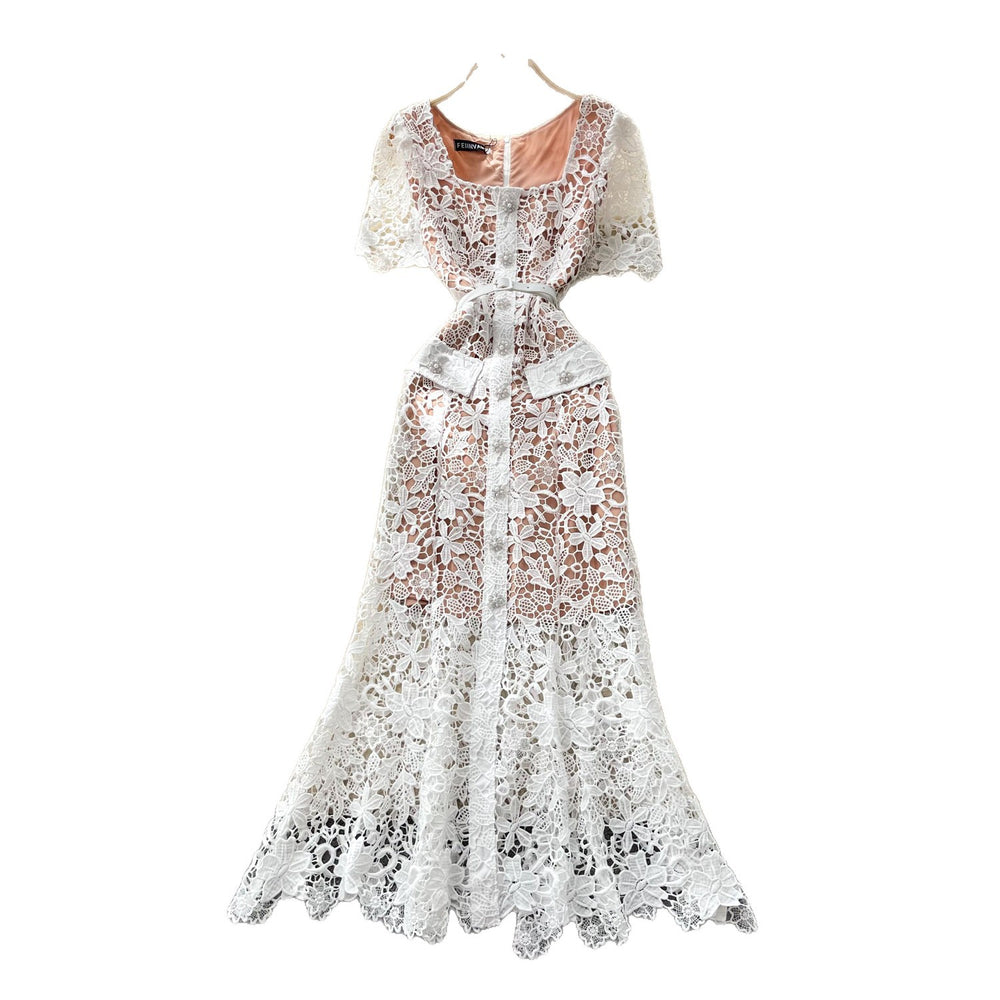 Frenchaccessible luxury heavy industry lacecut outdress women's summerk-style pink waist slimming lookwork clothingelegancelong skirt