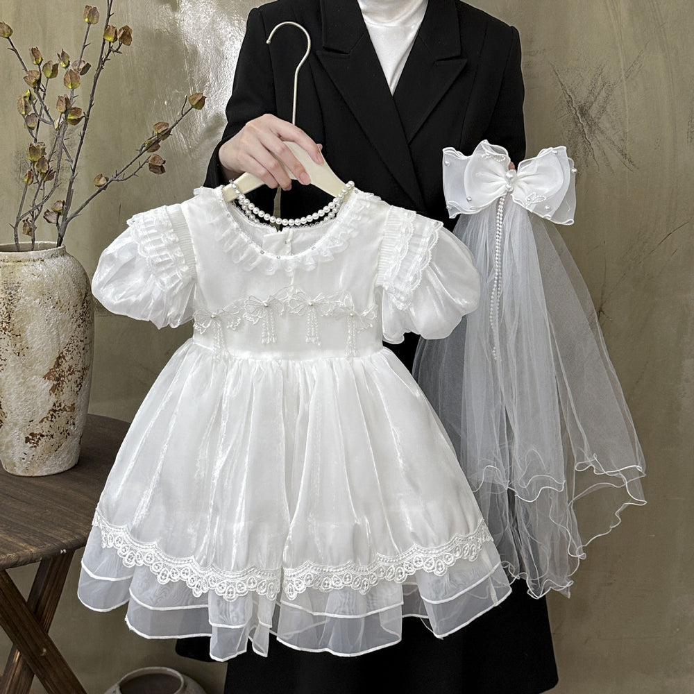 Girls'  new princess dress summer baby white dress flower girl wedding dress birthday tutu skirt