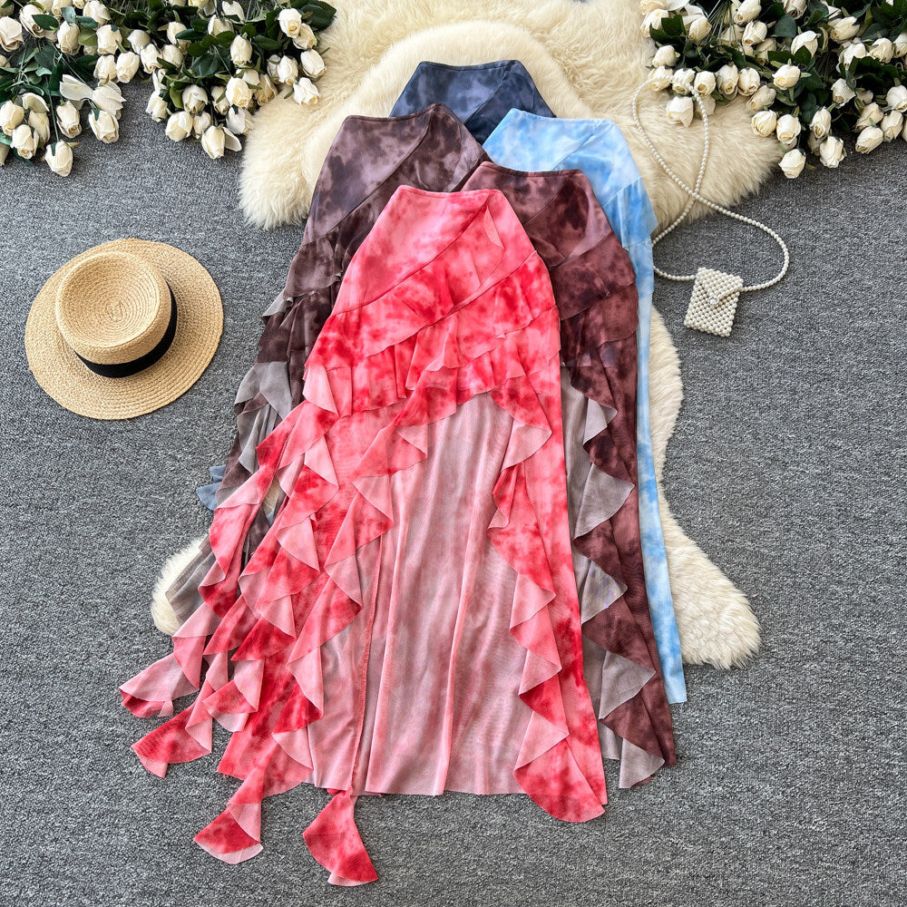 K-style tie-dye ruffles a-line skirt for women summerhigh waistslimming lookasymmetricalelegant mid-length skirtwork clothing
