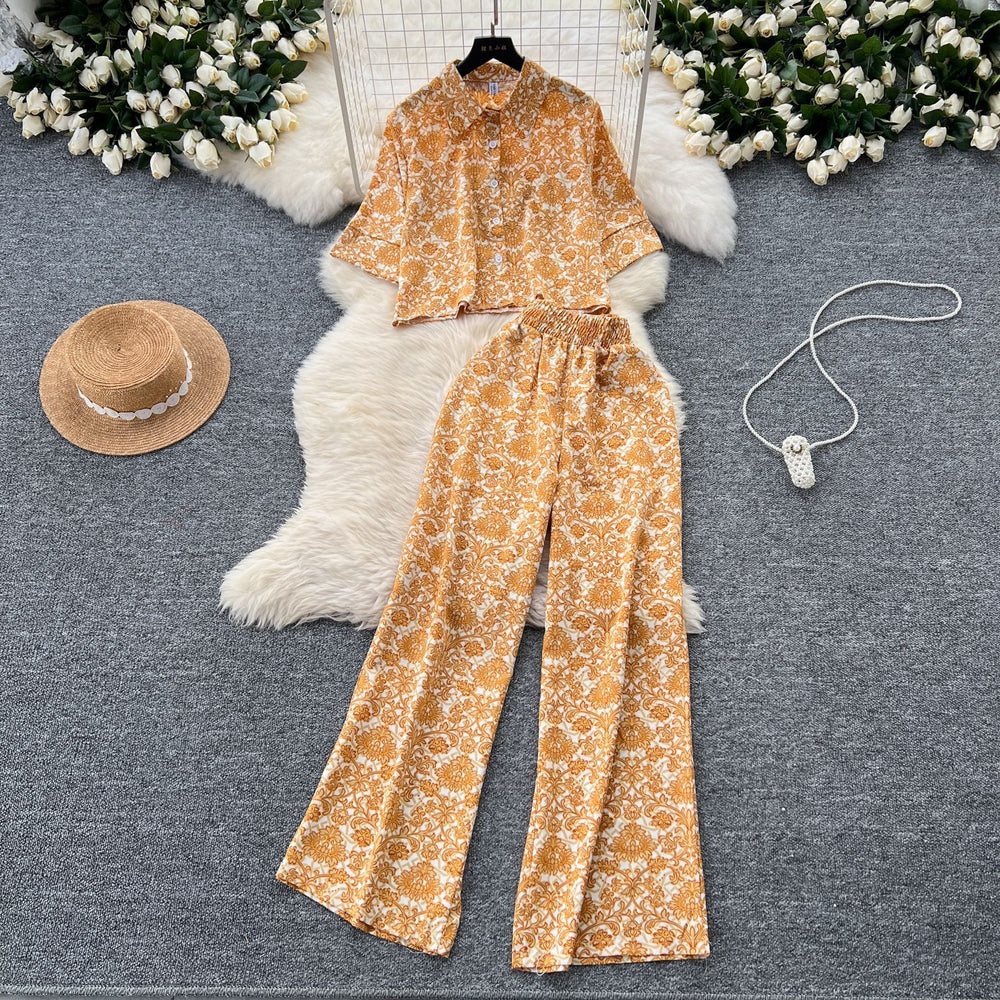 Salt style light mature style suit women's fashioneasiest for matchlooseshortprintingshirt+high waistslimming lookloosecasual pants
