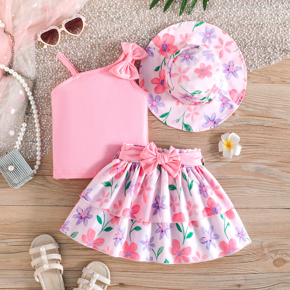 european and american cross-border girls' one-shoulder camisole three-piece set: floral cake dress + matching floral sun hat