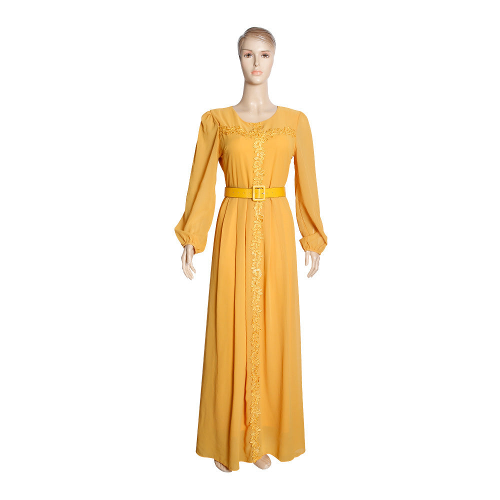 Fashion cross-border supply  long skirt long sleeves african plus size women's clothing elegantwork clothing chiffon dress belt