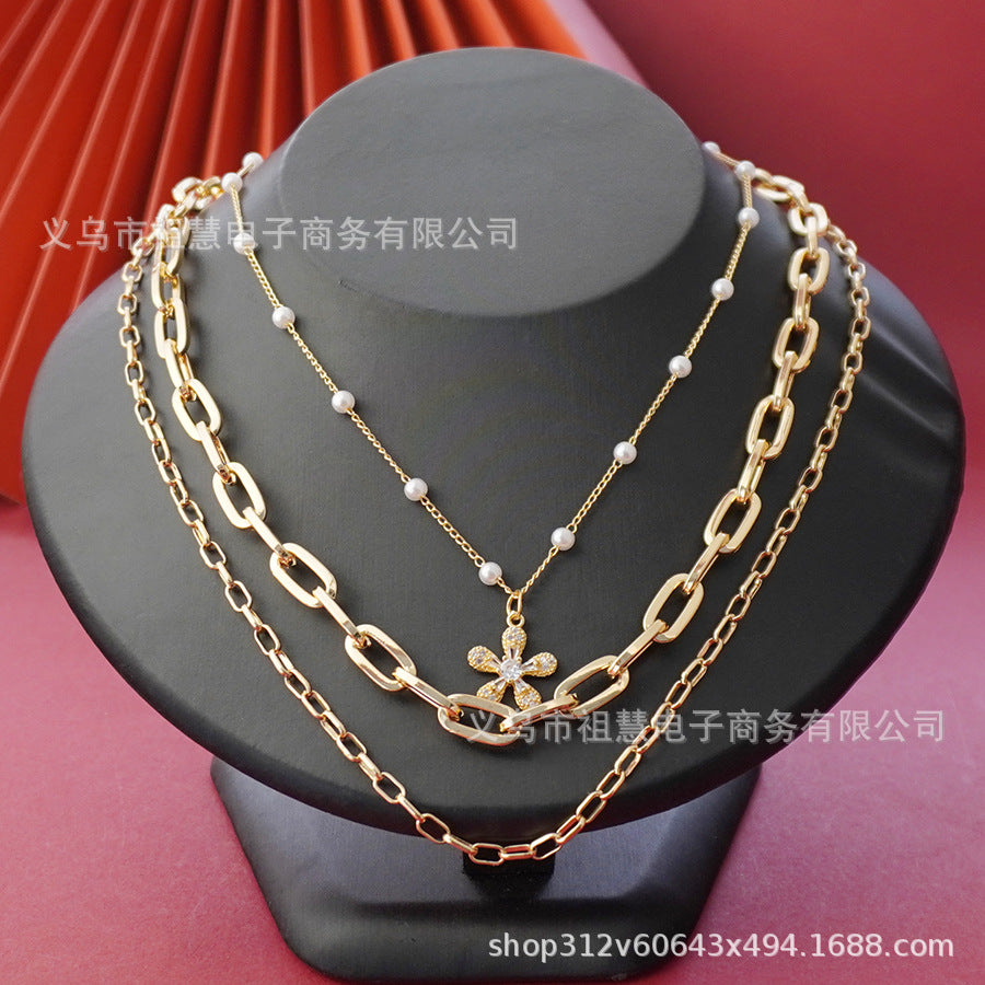 Faux pearl long drawstring necklace floral necklace 3-in-1 unique pearl necklace simple choker school gift