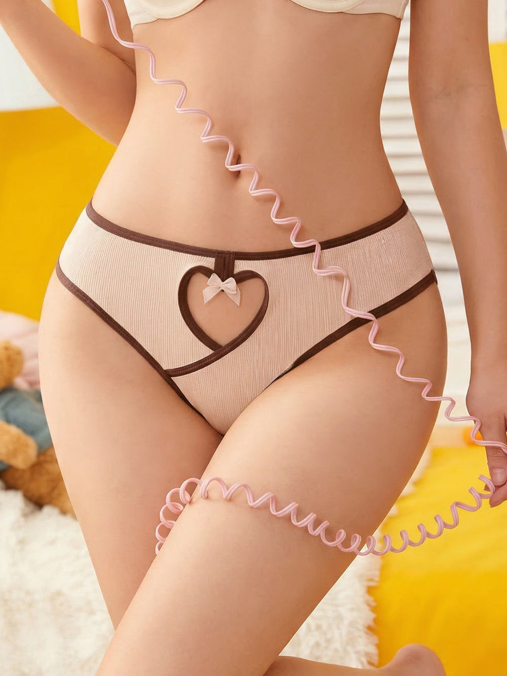 wholesale low-waist ribbed cut out color matching women's underwear pure desire breathable plaid butt lifting bows briefs