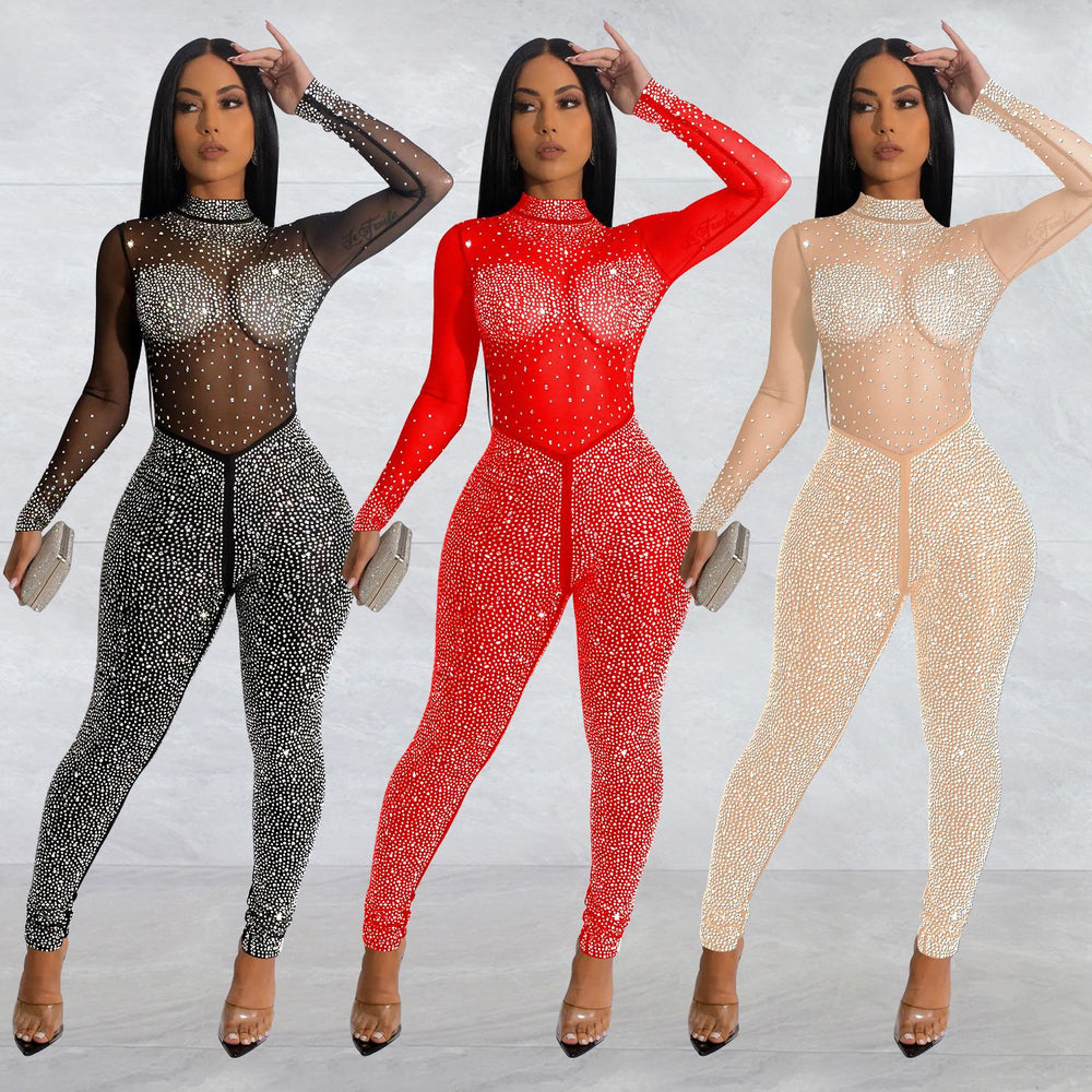 C6203 cross-border   fashion women's solid color mesh rhinestone long sleeve pants jumpsuit