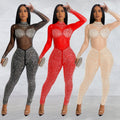 C6203 cross-border   fashion women's solid color mesh rhinestone long sleeve pants jumpsuit