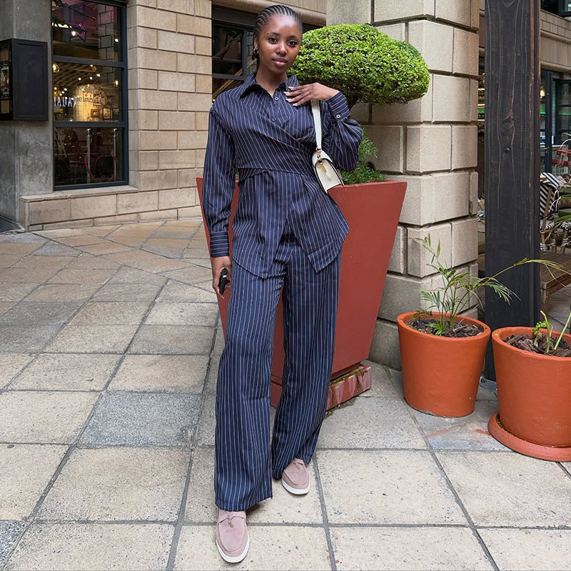 European and american style women's clothing  autumn new collection: sweet and fresh striped turn-down collar long-sleeve shirt and high-waisted straight-leg pants two-piece set