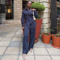 European and american style women's clothing  autumn new collection: sweet and fresh striped turn-down collar long-sleeve shirt and high-waisted straight-leg pants two-piece set