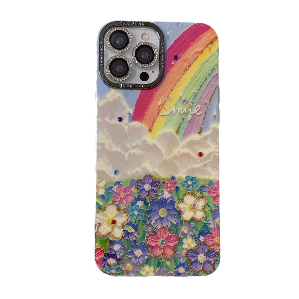 Rainbow floral oil painting iphone 17 pro max diamond glitter phone case, luxury shockproof protective cover for iphone 16 & 15, compatible with iphone 13
