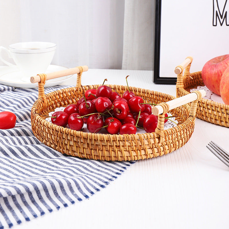 rattan hand-held tray, Vietnamese autumn rattan woven storage basket, binaural handle bread basket, fruit snack storage basket
