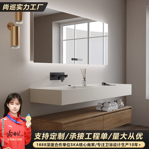 [Customized] Rock slab integrated bathroom cabinet combination Modern bathroom Solid wood cabinet Wash table Face wash basin cabinet