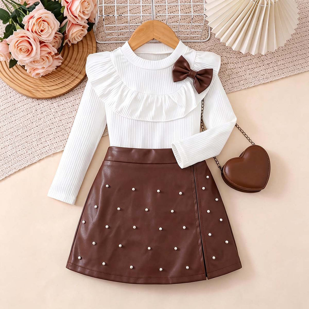autumn new arrival: textured round neck top with ruffle collar + beaded pu leather skirt two-piece set