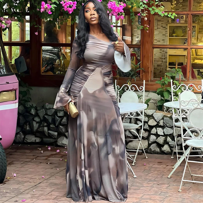 European and american cross-border women's fashion:  summer new arrival - elegant printed asymmetrical neck ruched slimming long dress