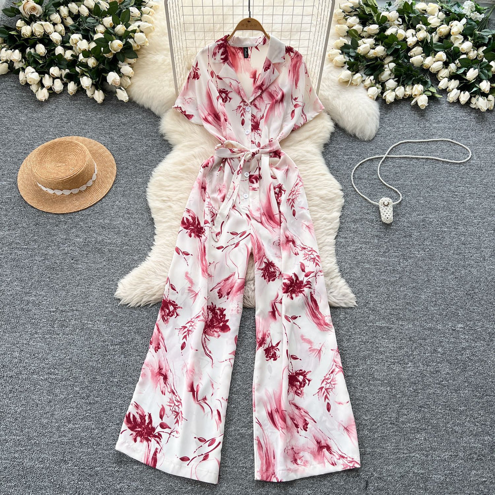 Summer outfit: women's vacation-ready fashion - collared short sleeve tie-waist casual printed wide-leg jumpsuit/pants