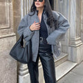 2025 new european and american style women's casual color block stand collar single-breasted large pocket loose fit comfortable long sleeve jacket