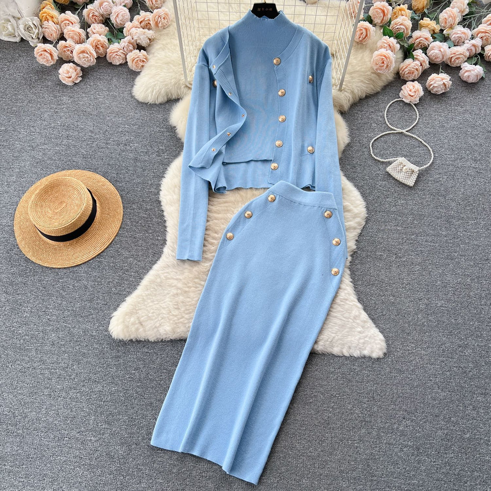 Fall and winter socialite tweed style wear women's knitting shirt three-piece sleeveless vest cardiganoutwear hip-covering skirt