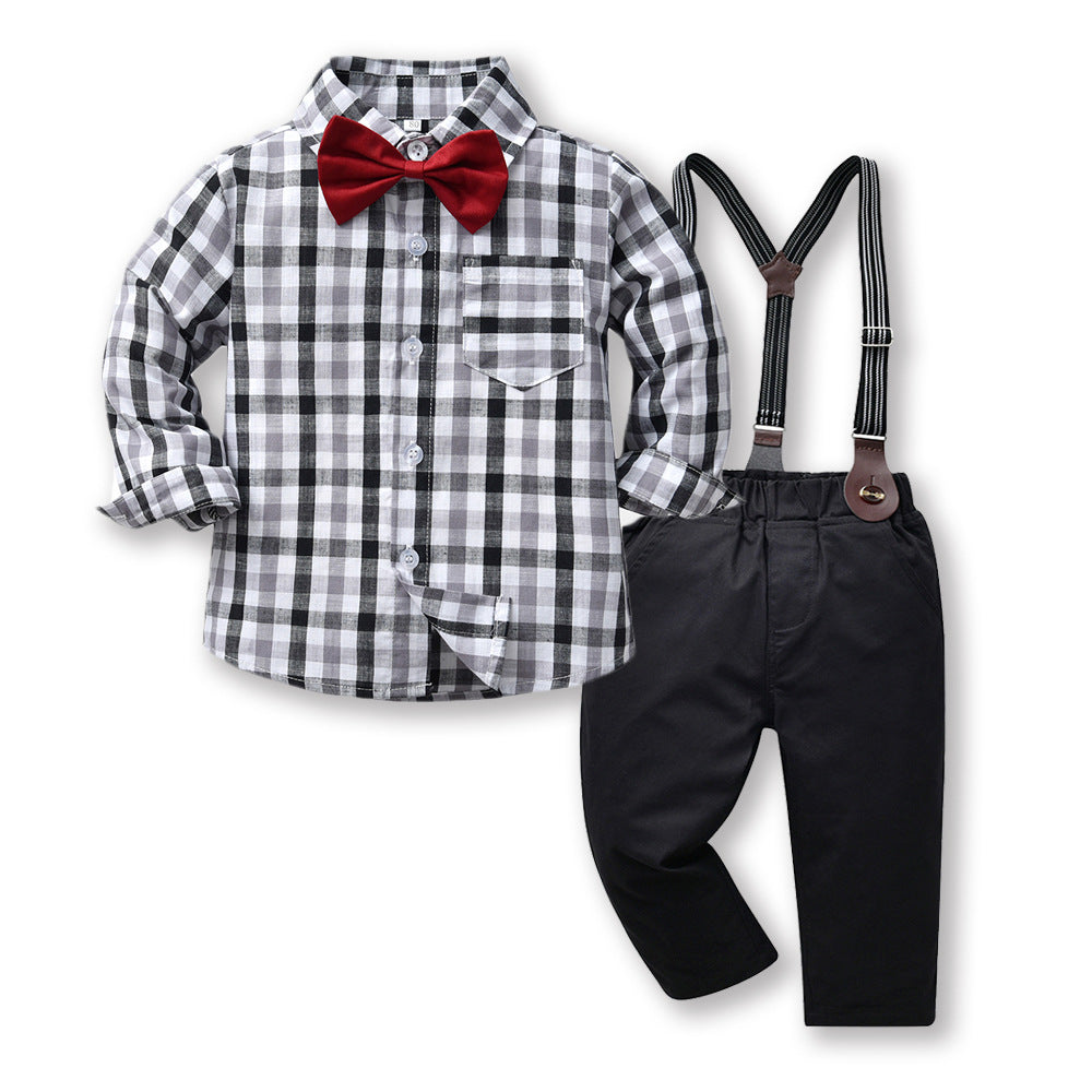Children's spring new arrivals wholesale: british style kids' outfit - boys' plaid shirt & long-sleeve plaid shirt set