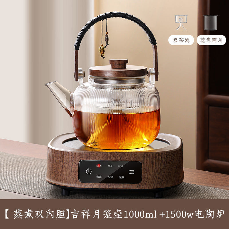 A complete set of wood grain electric ceramic stoves for making tea around the stove, a set of glass teapots for making tea around the stove, and an electric stove