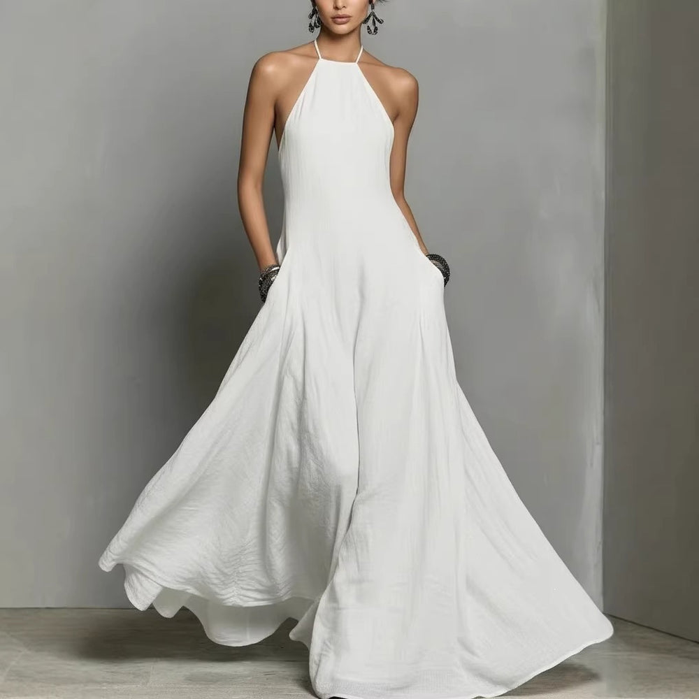 spring/summer new arrivals: european and american -style independent store cotton-linen blend minimalist open-back sleeveless maxi dress