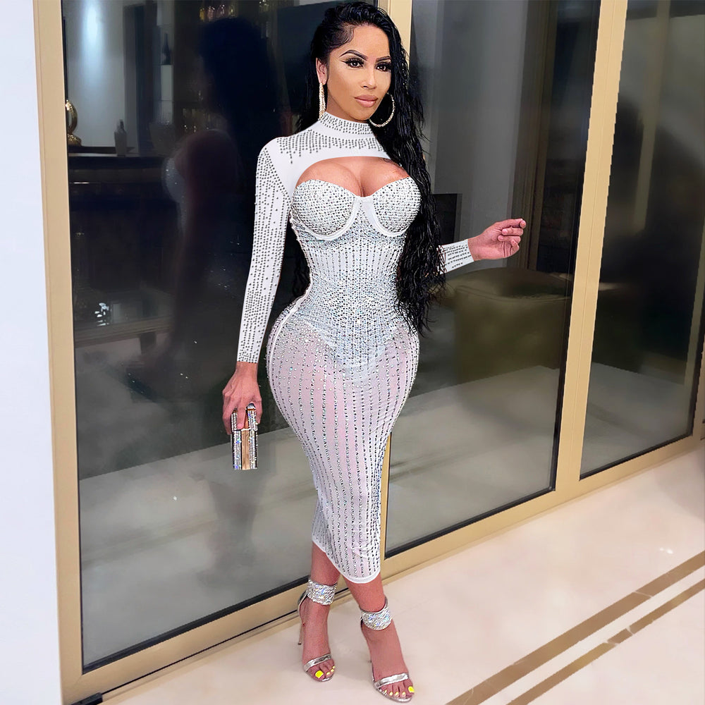 C5842 cross-border new arrival: european and american fashion women's party nightclub mesh see-through rhinestone embellished strappy dress