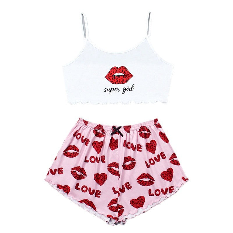 exclusive knitted tank top and camisole set with various pattern prints, comfortable and lightweight women's loungewear pajama set with shorts