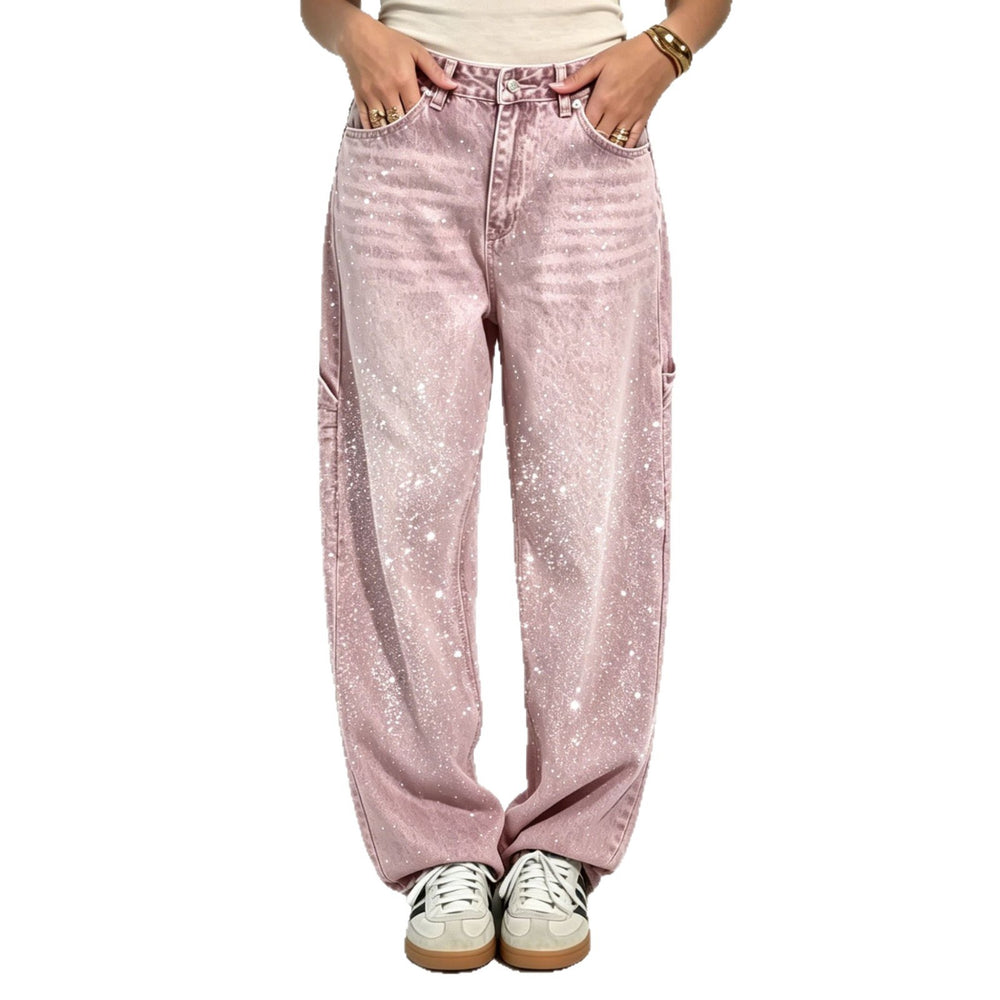 Y2k sweet & cool gradient pink denim jeans for women - starry hotfix rhinestone high-waisted wide-leg pants - sparkly casual trousers