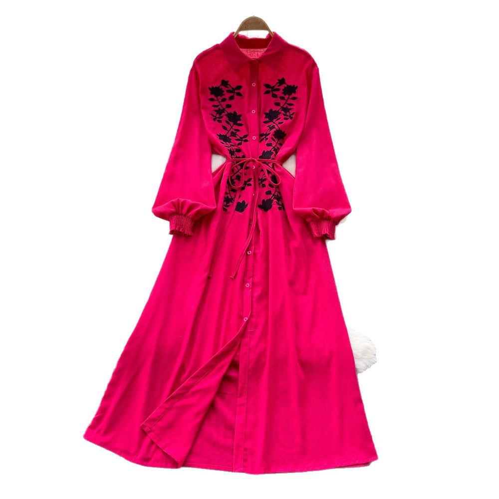 Retroartsyembroider silm type dress women's summerlong sleeves lapel waist a-line skirt slimming lookelegant long skirt