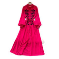 Retroartsyembroider silm type dress women's summerlong sleeves lapel waist a-line skirt slimming lookelegant long skirt