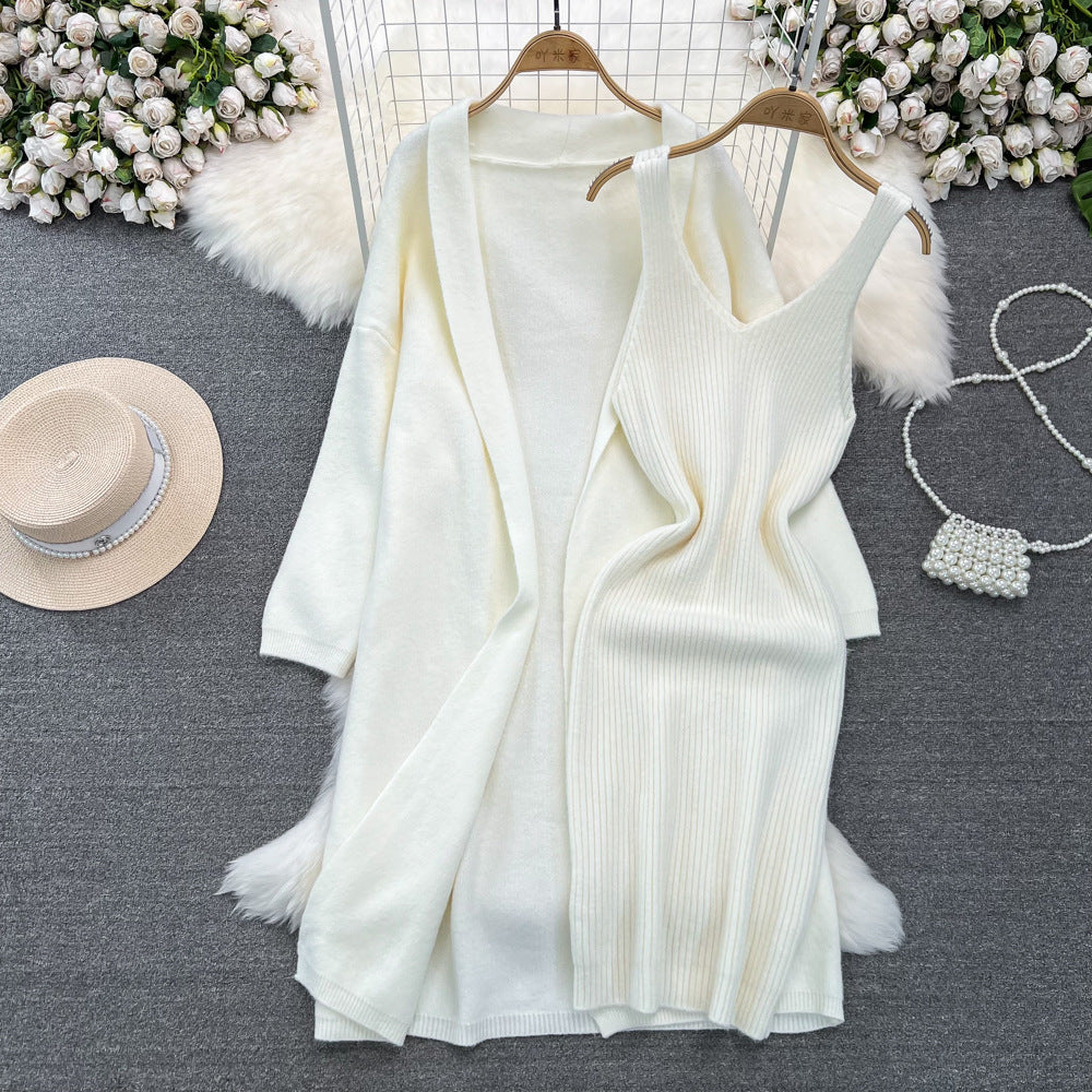 Soft and lazy style easiest for matchloose medium longknittingsweateroutweartwo-piece setv neck vest hip-covering dress