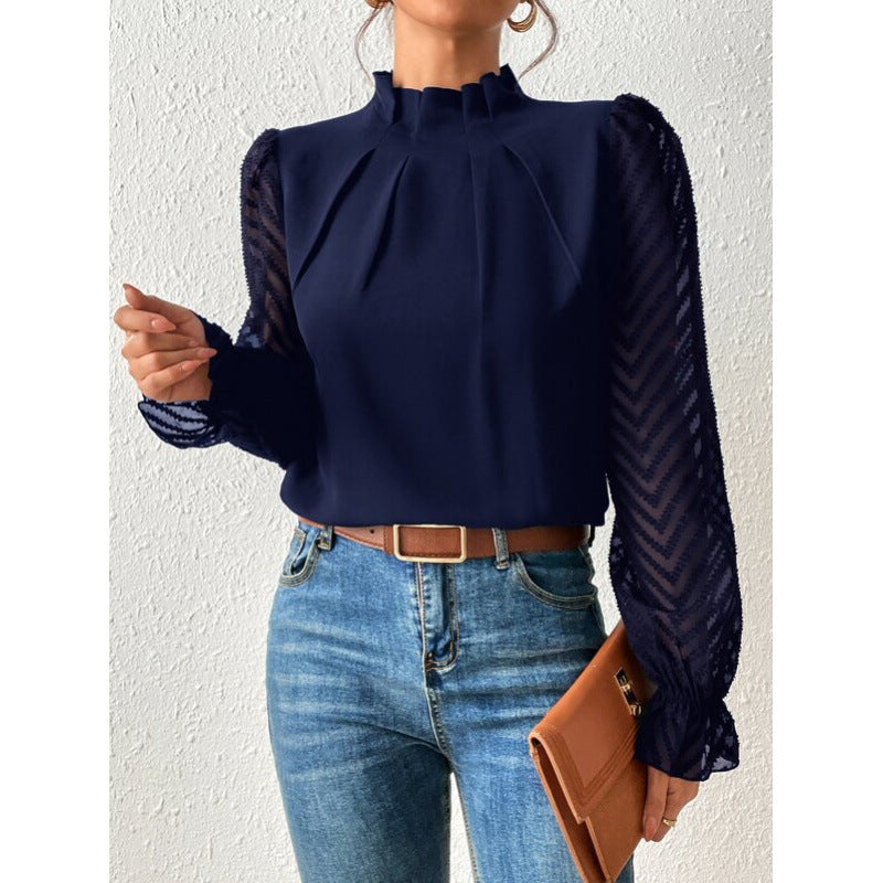 european and american cross-border women's fashion: new autumn/winter half-high neck, wavy pattern chiffon long sleeve top