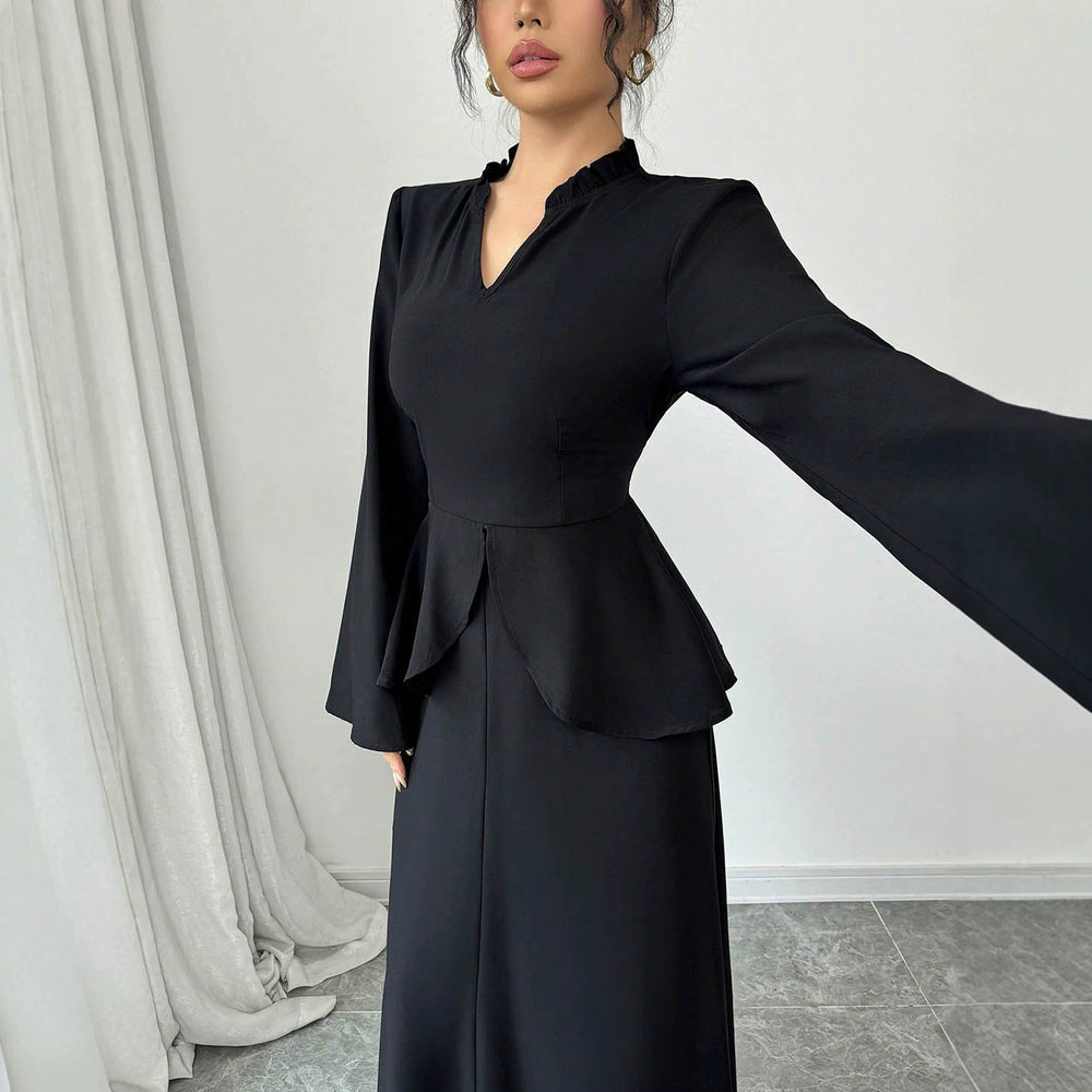 Exportaccessible luxurywork clothingtwo-piece setruffle waist swing flare long sleeves back straps slimming lookblacklong wide leg cover
