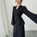 Exportaccessible luxurywork clothingtwo-piece setruffle waist swing flare long sleeves back straps slimming lookblacklong wide leg cover