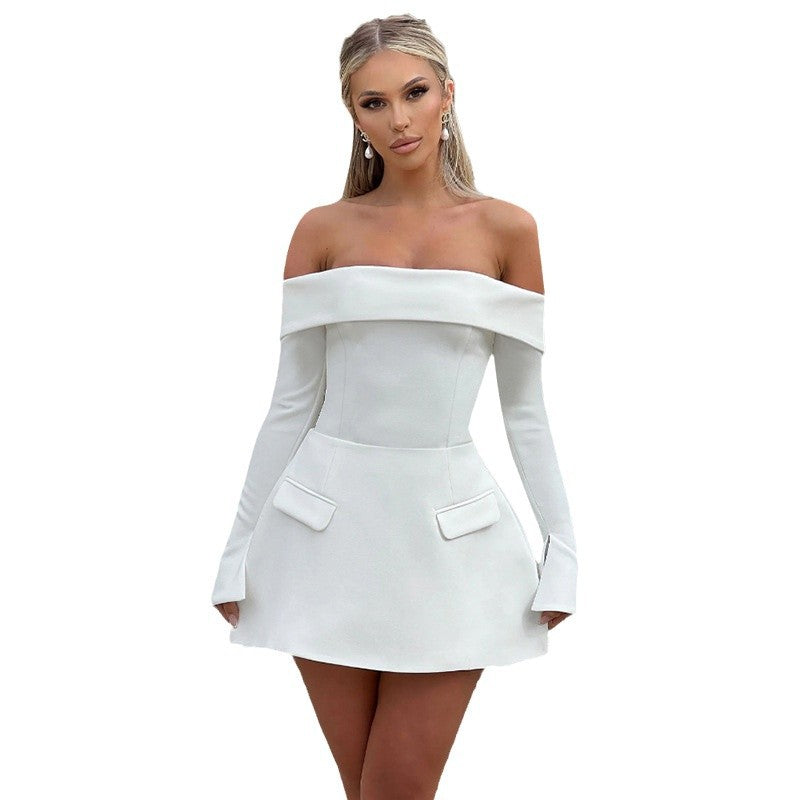 Autumn european and american style women's new fashion elegant backless off-the-shoulder bandeau slim-fit long sleeve a-line dress