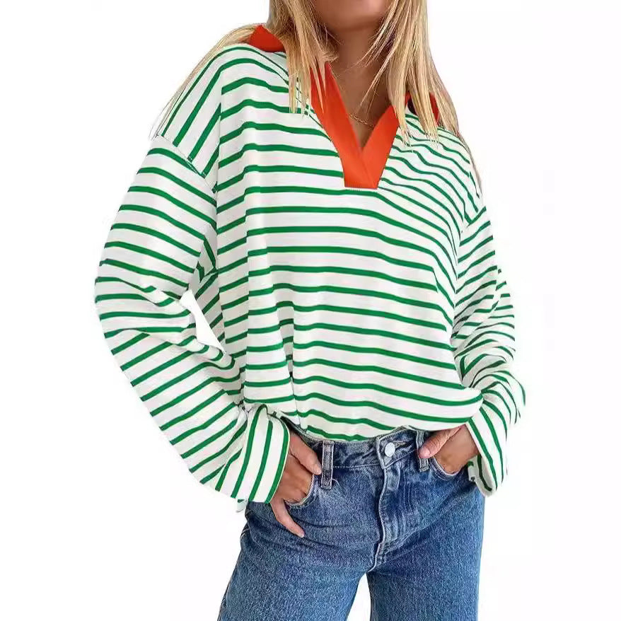 European and American Independent Station Cross-border Women's Clothing 2024 Autumn TK  Explosive Loose Casual Collar Striped Long Sleeve Sweater Women