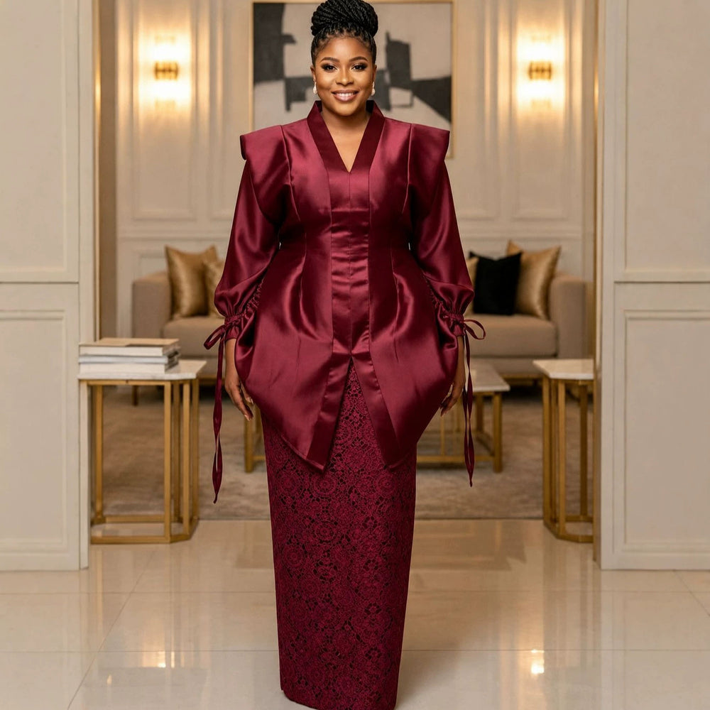 African loose satin pleated fashion outerwear drawstring design set party wedding lace robe two-piece outfit