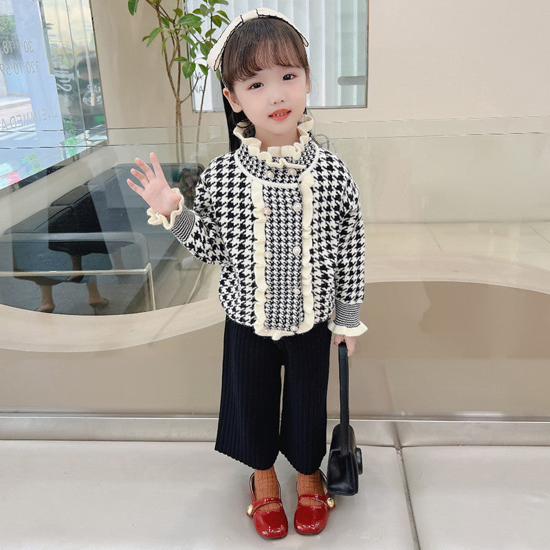 Girls' knitted sweater two-piece set -  autumn/winter houndstooth pattern - little girl's cardigan and sweater for toddlers and young children